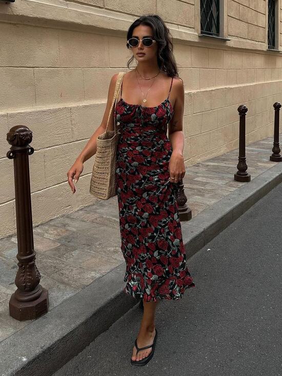 Commense Dresses & Skirts - Commense Romantic Cottage Fairy Bulgarian Red Roses Floral Cami Midi Dress NWT L